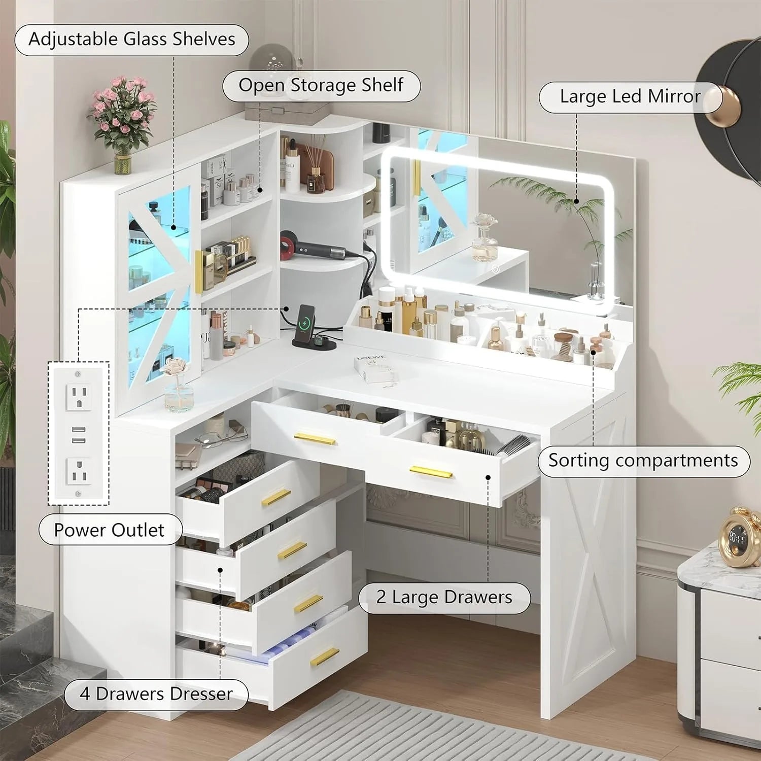 L-Shaped Corner Vanity LED Mirror