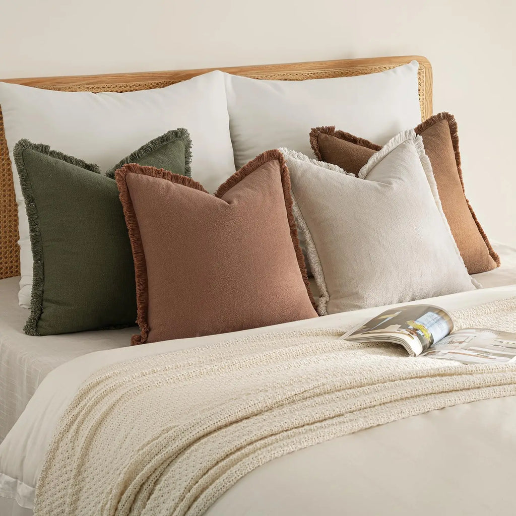4 Neutral Linen Fringe Throw Pillows