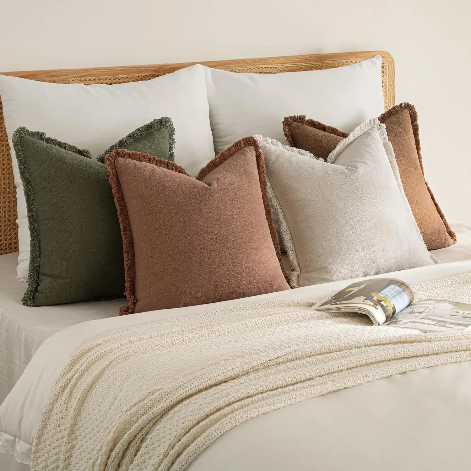 4 Neutral Linen Fringe Throw Pillows