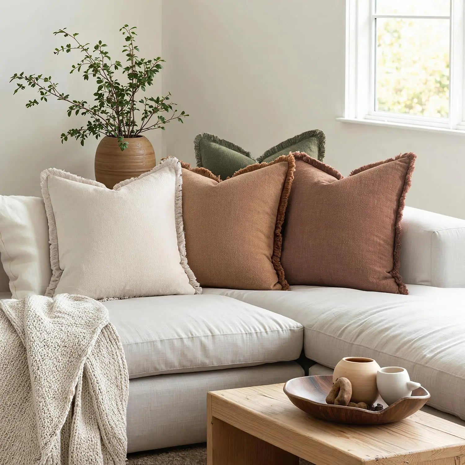 4 Neutral Linen Fringe Throw Pillows